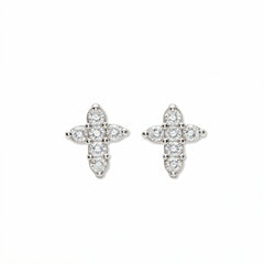 A pair of Shine Mini Cross with White Cubic Zirconia Earrings by Skōsh Jewelry, featuring small crosses formed from clear stones in sterling silver, displayed against a white background.