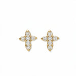 A pair of Shine Mini Cross with White Cubic Zirconia Earrings by Skōsh Jewelry, featuring small crosses formed from clear stones in gold, displayed against a white background.