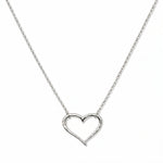 A Tender Heart Necklace by Skōsh Jewelry, featuring a large open heart outline set on a fine sterling silver chain, displayed against a white background.