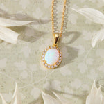 Ethereal Opal with White Cubic Zirconia Halo Pendant Necklace in 14K gold over sterling silver by Skōsh Jewelry