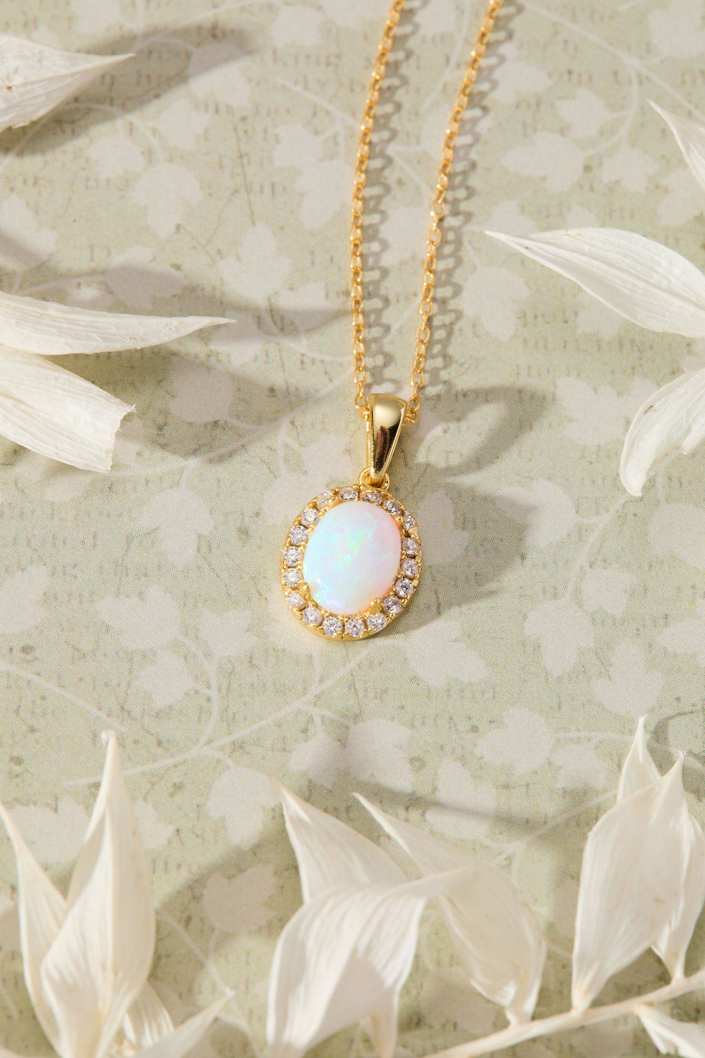 Ethereal Opal with White Cubic Zirconia Halo Pendant Necklace in 14K gold over sterling silver by Skōsh Jewelry