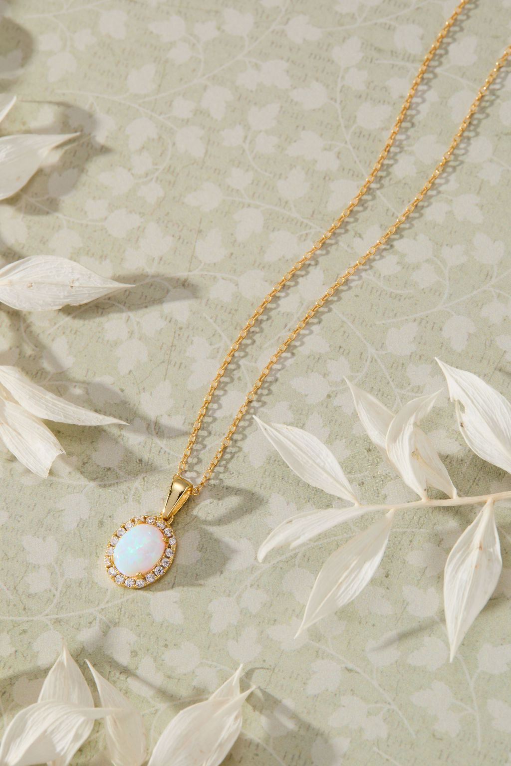 Ethereal Opal with White Cubic Zirconia Halo Pendant Necklace in 14K gold over sterling silver by Skōsh Jewelry