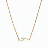 An Unbreakable Wave Necklace by Skōsh Jewelry, featuring a curling ocean wave shape set sideways on a fine gold chain, displayed against a white background.