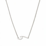 An Unbreakable Wave Necklace by Skōsh Jewelry, featuring a curling ocean wave shape set sideways on a fine sterling silver chain, displayed against a white background.