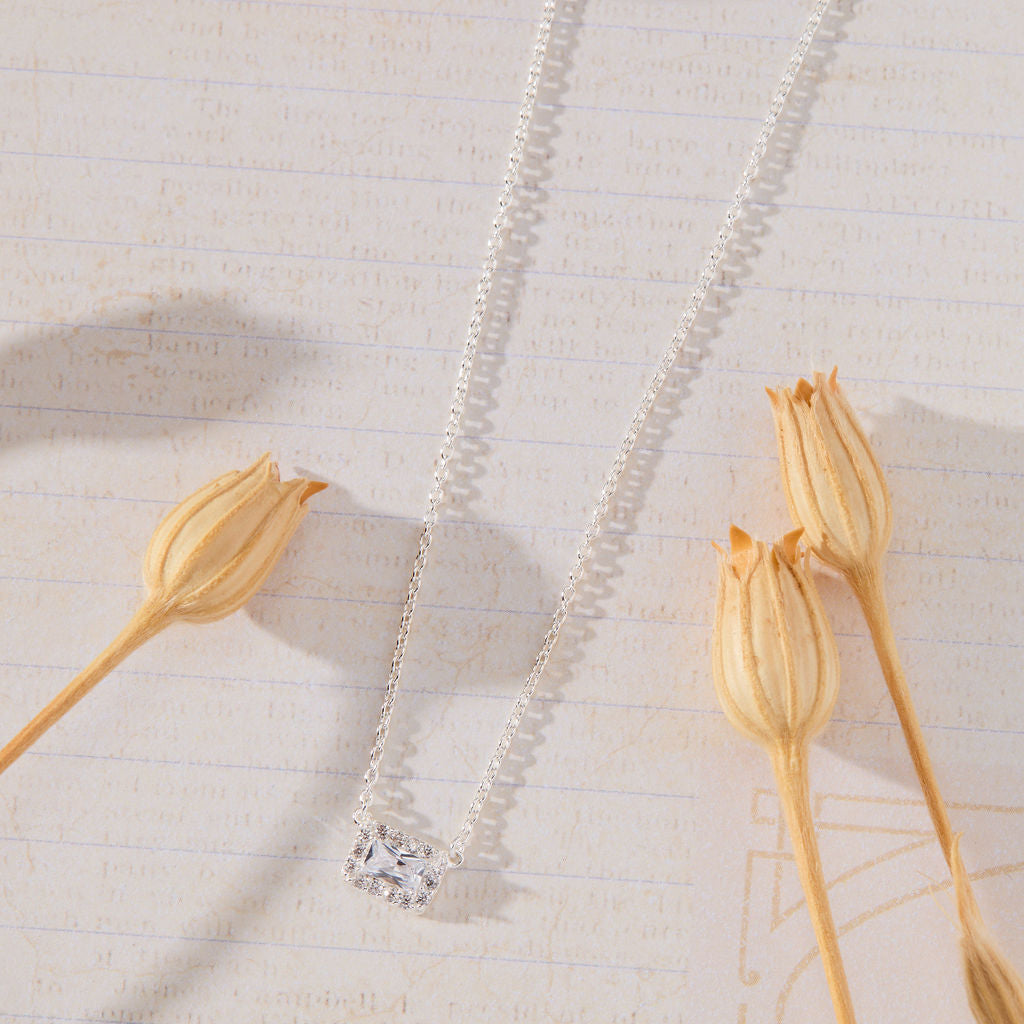 Radiant Grace Rectangle White Cubic Zirconia with Halo Necklace in sterling silver by Skōsh Jewelry
