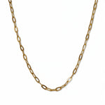 A Golden Thread 16" Paperclip Chain Necklace by Skōsh Jewelry, featuring elongated flat oval paperclip links in gold, displayed against a white background.
