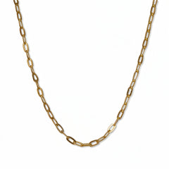 A Golden Thread 16" Paperclip Chain Necklace by Skōsh Jewelry, featuring elongated flat oval paperclip links in gold, displayed against a white background.