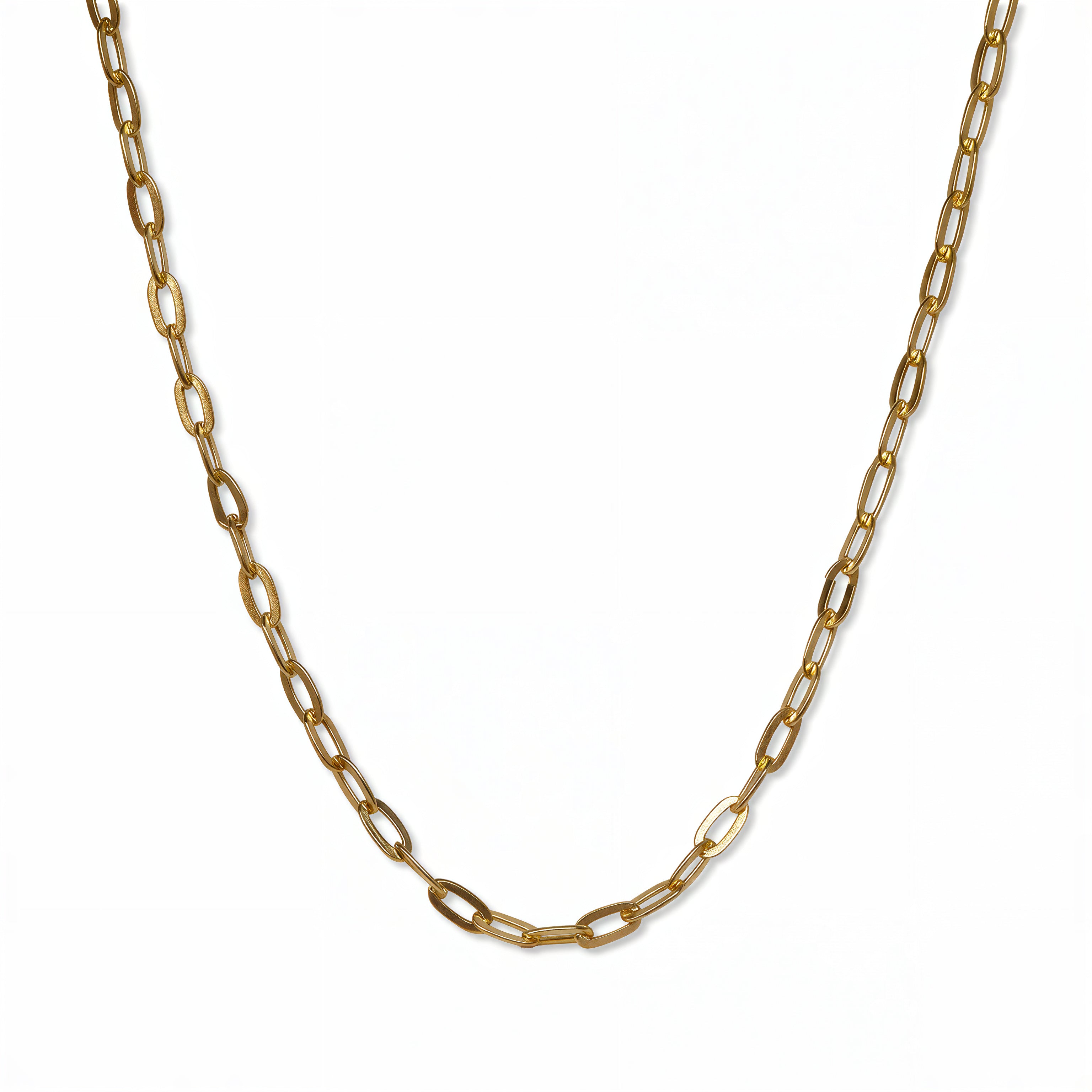 A Golden Thread 18" Paperclip Chain Necklace by Skōsh Jewelry, featuring elongated flat oval paperclip links in gold, displayed against a white background.