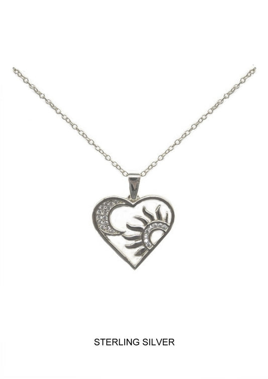 Heart Sun & Moon Necklace - Silver CZ Pendant
