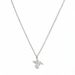 A Hummingbird Pendant Necklace by Skōsh Jewelry, featuring a small hummingbird in flight on a fine sterling silver chain, displayed against a white background.