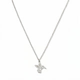 A Hummingbird Pendant Necklace by Skōsh Jewelry, featuring a small hummingbird in flight on a fine sterling silver chain, displayed against a white background.