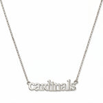 A Cardinals Gameday Necklace by Skōsh Jewelry, featuring the word 'cardinals' in script letters set horizontally on a fine sterling silver chain, displayed against a white background.