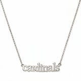 A Cardinals Gameday Necklace by Skōsh Jewelry, featuring the word 'cardinals' in script letters set horizontally on a fine sterling silver chain, displayed against a white background.