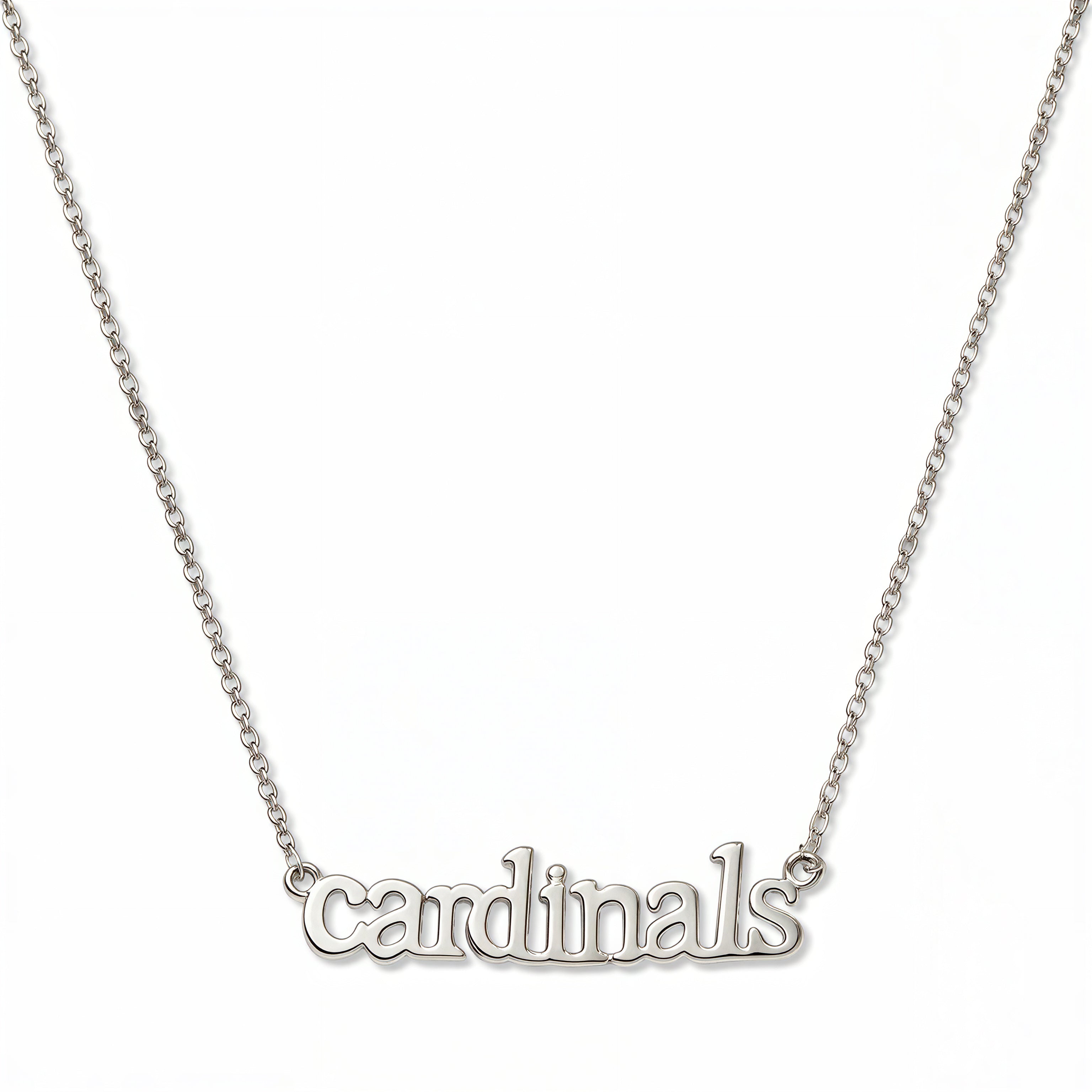 A Cardinals Gameday Necklace by Skōsh Jewelry, featuring the word 'cardinals' in script letters set horizontally on a fine sterling silver chain, displayed against a white background.