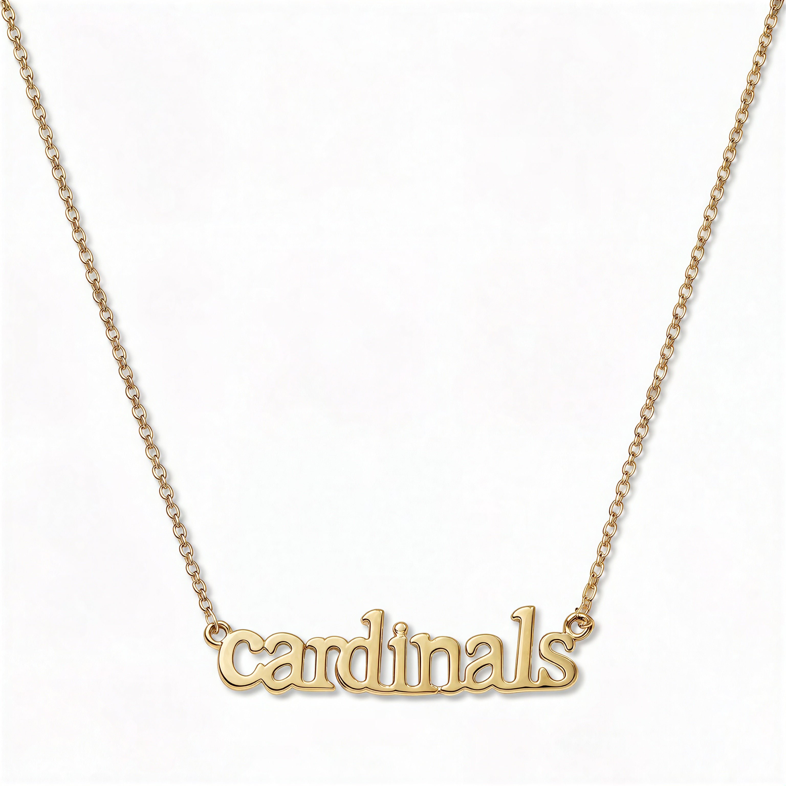 A Cardinals Gameday Necklace by Skōsh Jewelry, featuring the word 'cardinals' in script letters set horizontally on a fine gold chain, displayed against a white background.