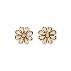 A pair of Skōsh Kids Daisy Earrings by Skōsh Jewelry, featuring white enamel daisy flowers with yellow centers outlined in gold, displayed against a white background.