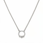 A Trio White Cubic Zirconia Accent Circle Necklace by Skōsh Jewelry, featuring a small open circle accented with three clear stones on a fine sterling silver chain, displayed against a white background.