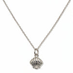 A Seashell Pendant Necklace by Skōsh Jewelry, featuring a ridged scallop seashell pendant on a fine sterling silver chain, displayed against a white background.