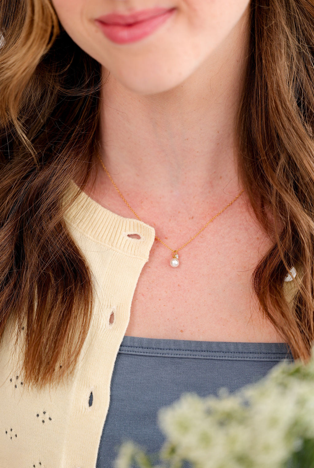 Classic Drop Pearl with White Cubic Zirconia Accent Necklace in 14K gold over sterling silver by Skōsh Jewelry