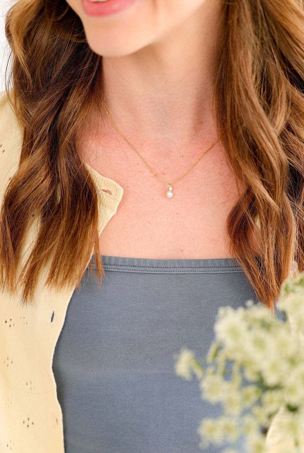 Classic Drop Pearl with White Cubic Zirconia Accent Necklace in 14K gold over sterling silver by Skōsh Jewelry