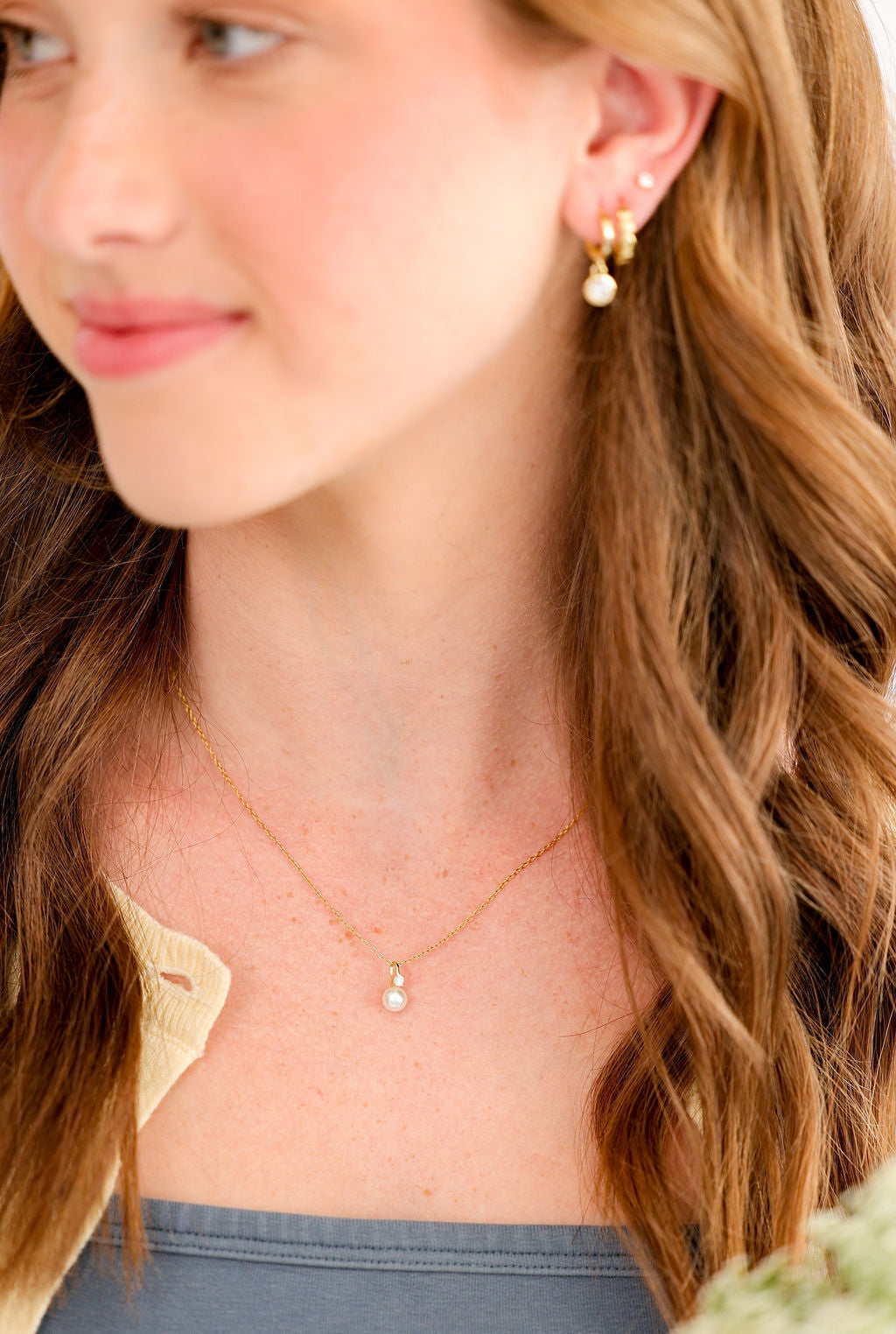 Classic Drop Pearl with White Cubic Zirconia Accent Necklace in 14K gold over sterling silver by Skōsh Jewelry
