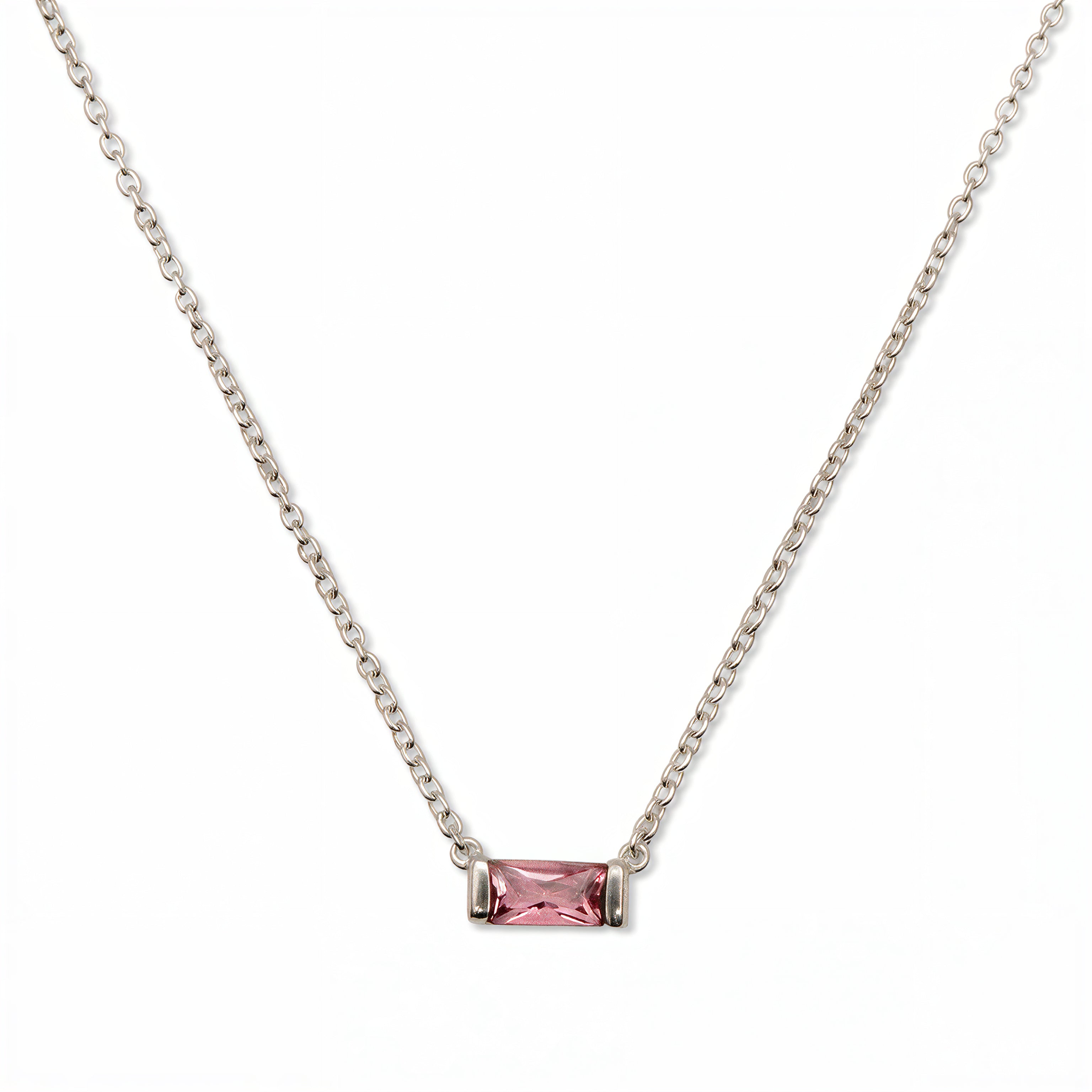 An October Birthstone Pink Cubic Zirconia Baguette Necklace by Skōsh Jewelry, featuring a slim rectangular pink baguette stone set horizontally on a fine sterling silver chain, displayed against a white background.