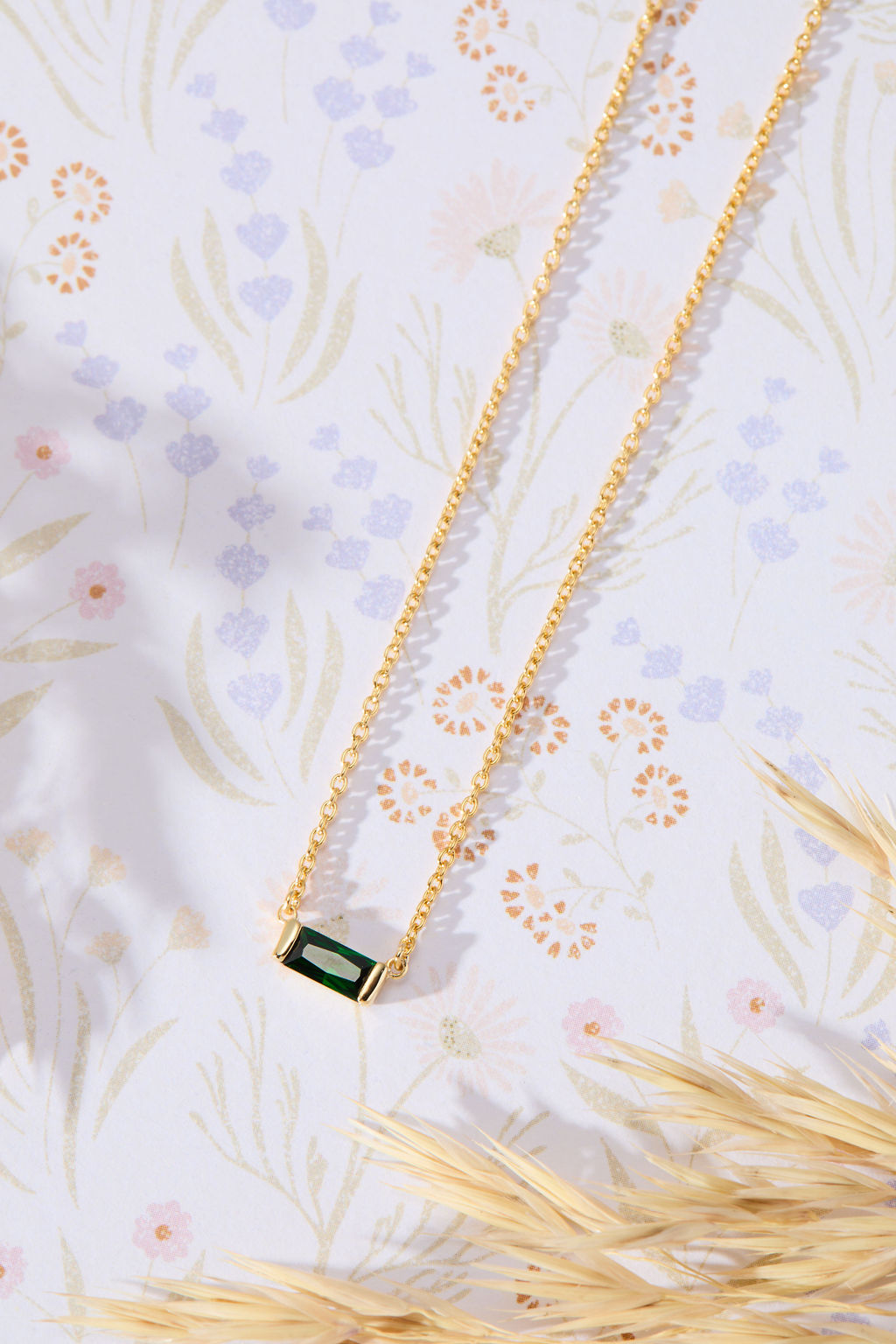 May Birthstone Emerald Cubic Zirconia Baguette Necklace in 14K gold over sterling silver by Skōsh Jewelry