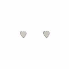 A pair of Polished Mini Heart Stud Earrings by Skōsh Jewelry, featuring tiny heart-shaped studs in sterling silver, displayed against a white background.