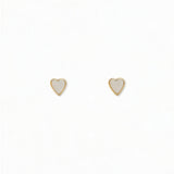 A pair of Polished Mini Heart Stud Earrings by Skōsh Jewelry, featuring tiny heart-shaped studs in gold, displayed against a white background.