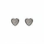 A pair of White Cubic Zirconia Pavé Heart Stud Earrings by Skōsh Jewelry, featuring heart-shaped studs covered in small clear pavé stones set in sterling silver, displayed against a white background.