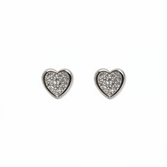 A pair of White Cubic Zirconia Pavé Heart Stud Earrings by Skōsh Jewelry, featuring heart-shaped studs covered in small clear pavé stones set in sterling silver, displayed against a white background.