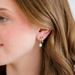 Bezel Set White Cubic Zirconia Drop Huggie Hoop Earrings in 14K gold over sterling silver by Skōsh Jewelry