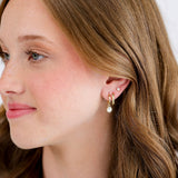 Bezel Set White Cubic Zirconia Drop Huggie Hoop Earrings in 14K gold over sterling silver by Skōsh Jewelry