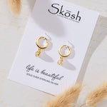 Bezel Set White Cubic Zirconia Drop Huggie Hoop Earrings in 14K gold over sterling silver by Skōsh Jewelry