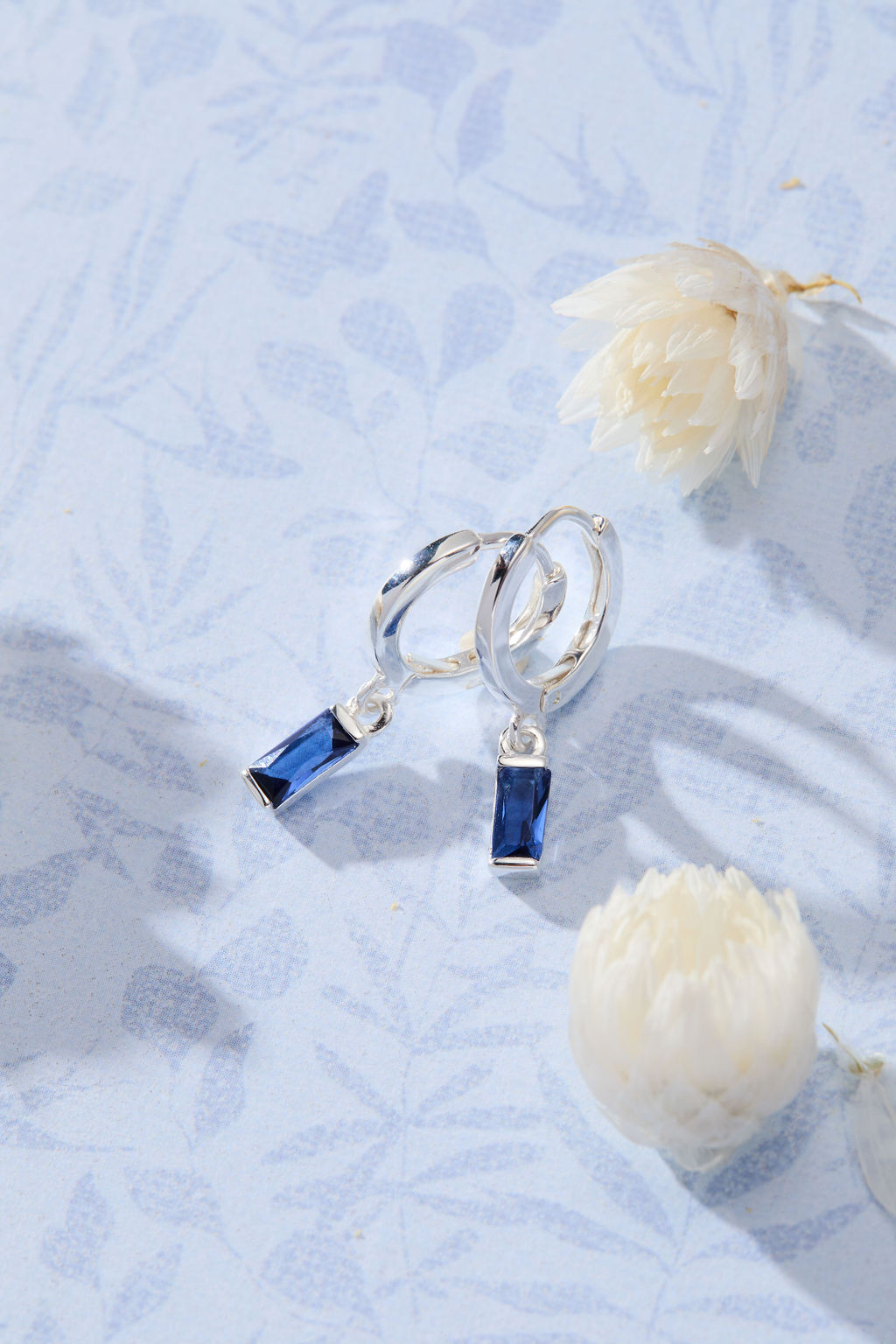 September Birthstone Sapphire Cubic Zirconia Baguette Earrings in sterling silver by Skōsh Jewelry