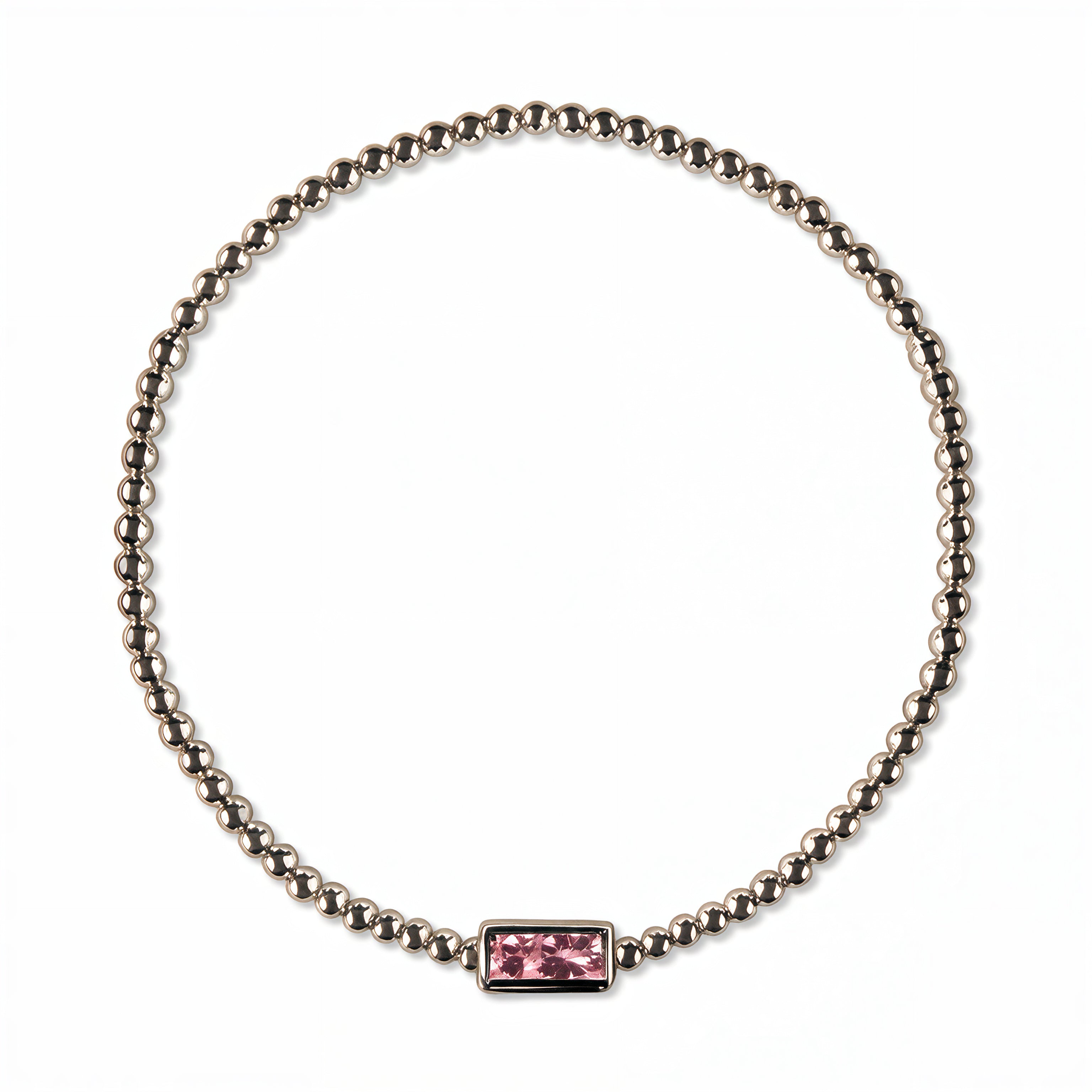 An October Birthstone Pink Cubic Zirconia Baguette Bracelet by Skōsh Jewelry, featuring a strand of polished sterling silver beads on a stretch cord with a rectangular pink baguette stone at the center, displayed against a white background.