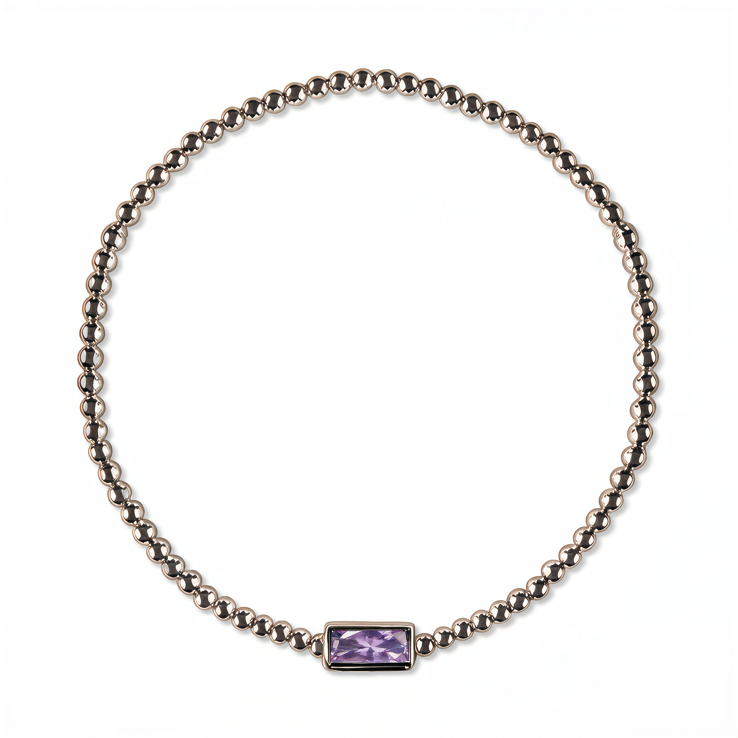 A June Birthstone Lavender Cubic Zirconia Baguette Bracelet by Skōsh Jewelry, featuring a strand of polished sterling silver beads on a stretch cord with a rectangular light purple baguette stone at the center, displayed against a white background.