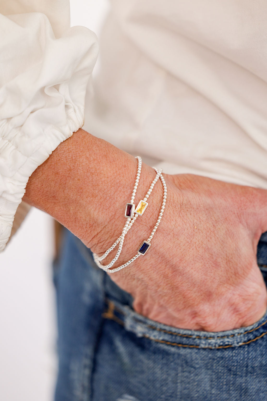 Birthstone Cubic Zirconia Baguette Bracelets in sterling silver by Skōsh Jewelry