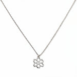 A Carnation January Flower Pendant Necklace by Skōsh Jewelry, featuring an open cutout carnation flower pendant on a fine sterling silver chain, displayed against a white background.