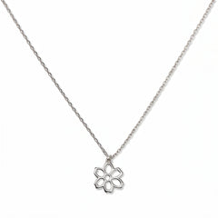 A Carnation January Flower Pendant Necklace by Skōsh Jewelry, featuring an open cutout carnation flower pendant on a fine sterling silver chain, displayed against a white background.