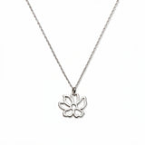 A Cosmos October Flower Pendant Necklace by Skōsh Jewelry, featuring an open cutout cosmos flower pendant on a fine sterling silver chain, displayed against a white background.