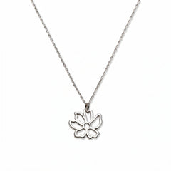 A Cosmos October Flower Pendant Necklace by Skōsh Jewelry, featuring an open cutout cosmos flower pendant on a fine sterling silver chain, displayed against a white background.