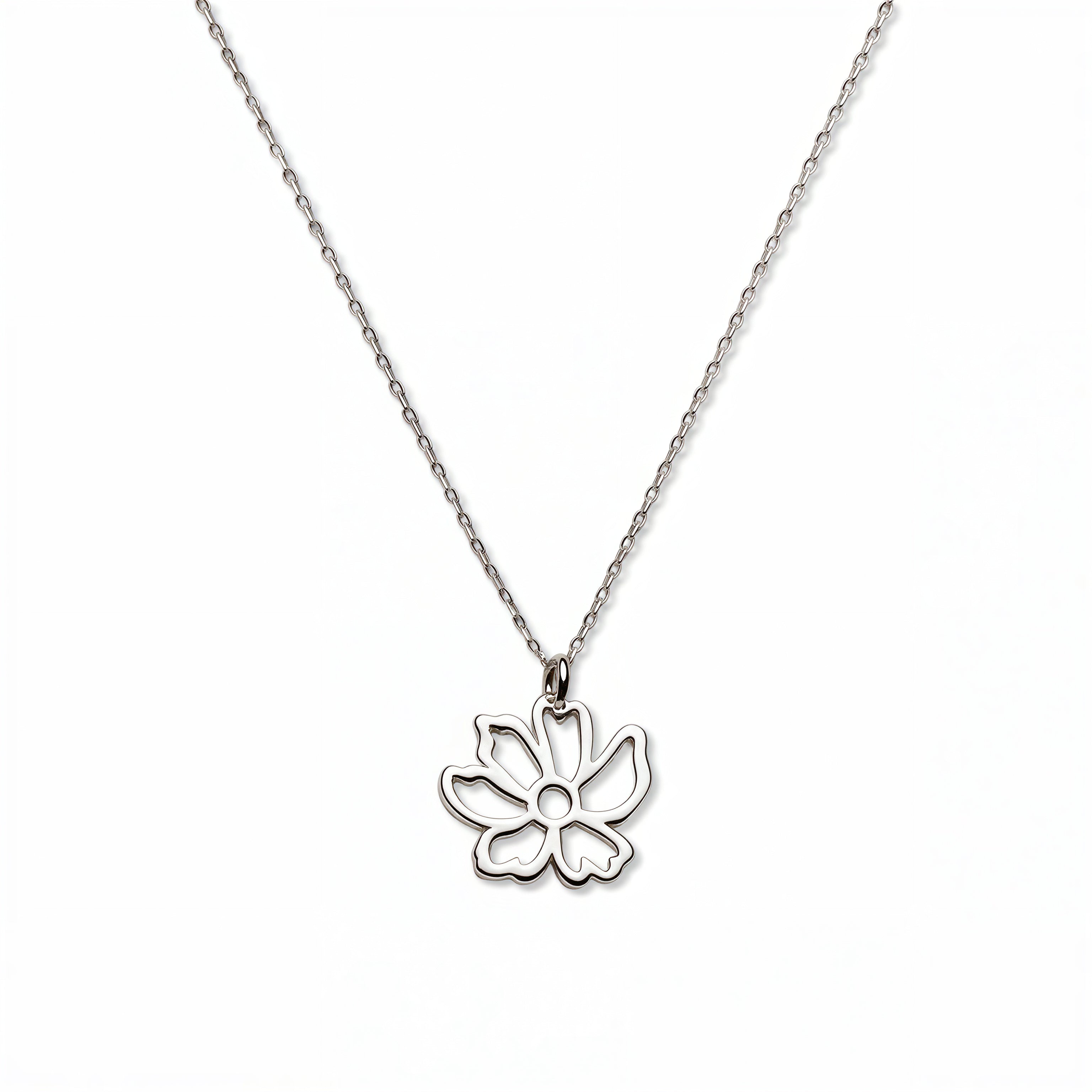 A Cosmos October Flower Pendant Necklace by Skōsh Jewelry, featuring an open cutout cosmos flower pendant on a fine sterling silver chain, displayed against a white background.