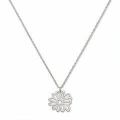 A Chrysanthemum November Flower Pendant Necklace by Skōsh Jewelry, featuring an open cutout chrysanthemum flower pendant on a fine sterling silver chain, displayed against a white background.