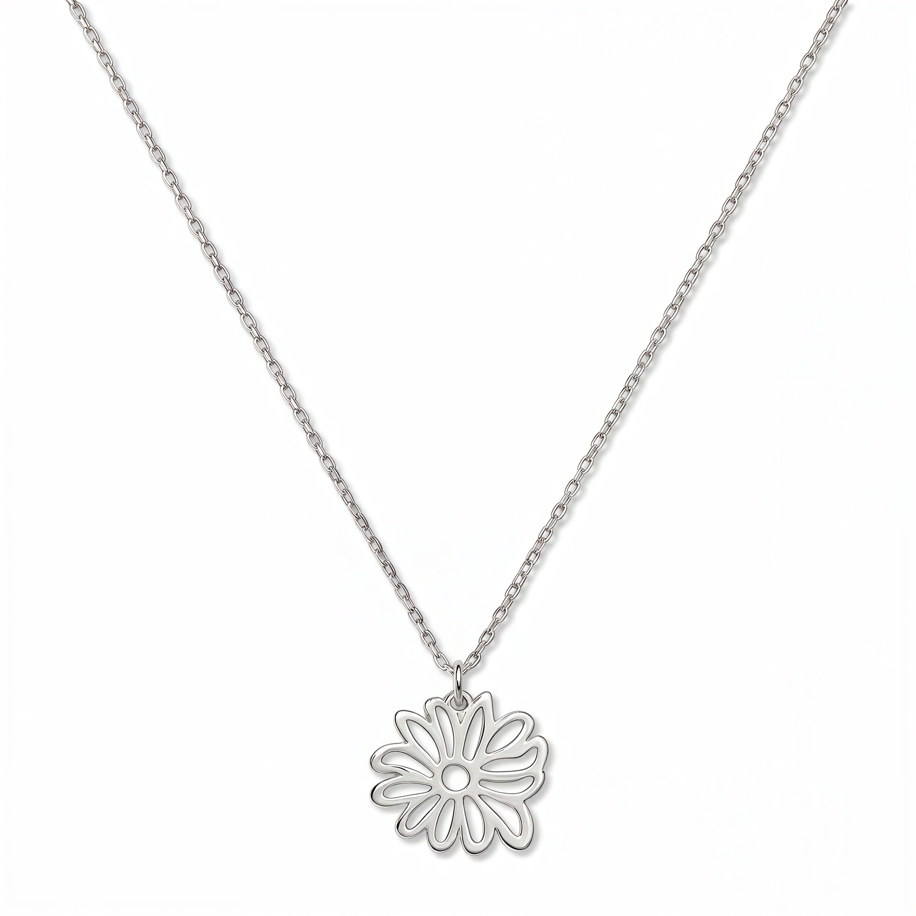 A Chrysanthemum November Flower Pendant Necklace by Skōsh Jewelry, featuring an open cutout chrysanthemum flower pendant on a fine sterling silver chain, displayed against a white background.
