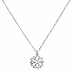 A Poinsettia December Flower Pendant Necklace by Skōsh Jewelry, featuring an open cutout poinsettia flower pendant on a fine sterling silver chain, displayed against a white background.