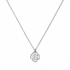 A Violet February Flower Pendant Necklace by Skōsh Jewelry, featuring an open cutout violet flower pendant on a fine sterling silver chain, displayed against a white background.