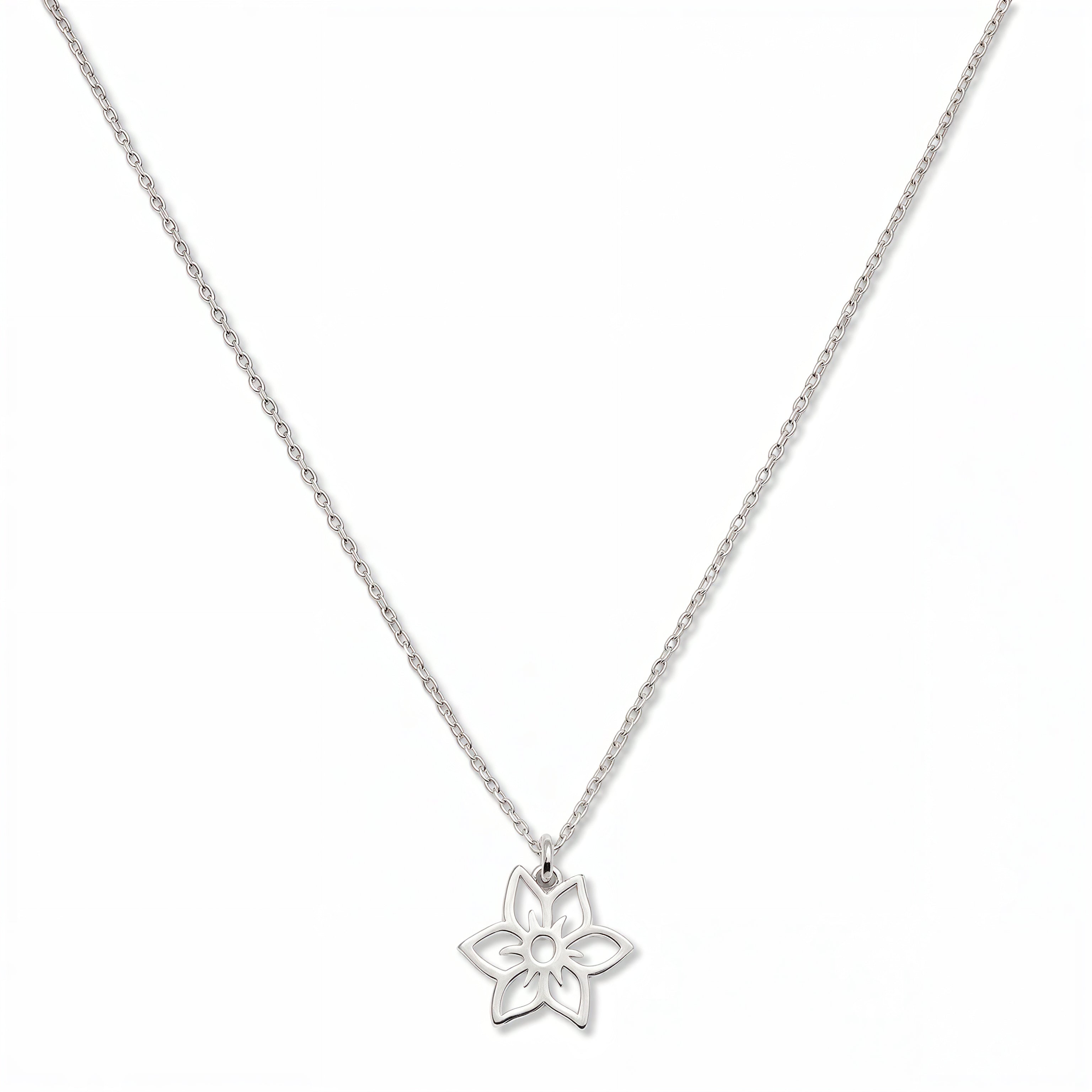 A Daffodil March Flower Pendant Necklace by Skōsh Jewelry, featuring an open cutout daffodil flower pendant on a fine sterling silver chain, displayed against a white background.