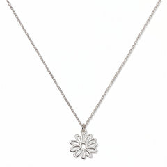 A Daisy April Flower Pendant Necklace by Skōsh Jewelry, featuring an open cutout daisy flower pendant on a fine sterling silver chain, displayed against a white background.