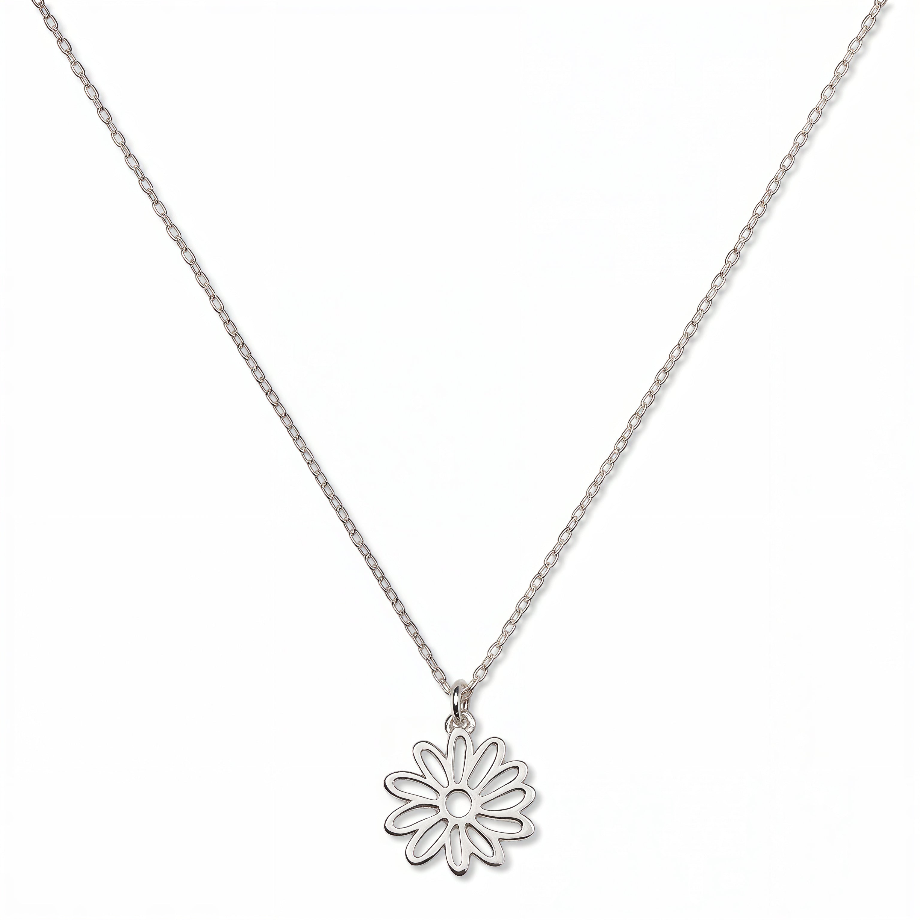A Daisy April Flower Pendant Necklace by Skōsh Jewelry, featuring an open cutout daisy flower pendant on a fine sterling silver chain, displayed against a white background.